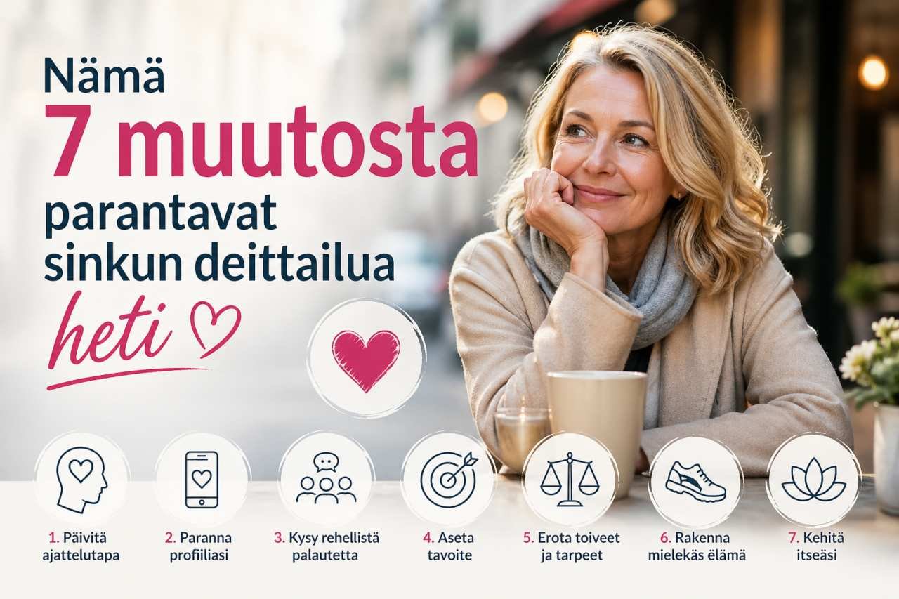 Nämä 7 muutosta parantavat sinkun deittailua heti. Jos olet sinkku ja etsit aitoa parisuhdetta, nämä selkeät oivallukset auttavat etenemään kohti parempia kohtaamisia.