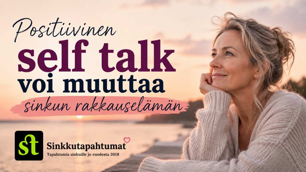 Positiivinen self talk voi muuttaa sinkun rakkauselämän - 10 vinkkiä 1 Sinkun rakkauselämä ei muutu pelkästään sillä, että kohtaat oikean ihmisen. Se muuttuu usein jo paljon aikaisemmin, kun muutat tapaa, jolla puhut itsellesi. Positiivinen self talk eli myönteinen sisäinen puhe vaikuttaa siihen, miten näet itsesi, millaisia valintoja teet ja uskotko ansaitsevasi hyvän parisuhteen. Sinkun rakkauselämä ei muutu pelkästään sillä, että kohtaat oikean ihmisen. Se muuttuu usein jo paljon aikaisemmin, kun muutat tapaa, jolla puhut itsellesi. Positiivinen self talk eli myönteinen sisäinen puhe vaikuttaa siihen, miten näet itsesi, millaisia valintoja teet ja uskotko ansaitsevasi hyvän parisuhteen.
