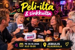 Peli-ilta & sinkkuilta pe 30.10.2026 klo 19 alkaen Klaukkalassa. Peleinä "Polittisesti epäkorrektia" sekä "What do you meme?" Tule mukaan viettämään kivaa iltaa.