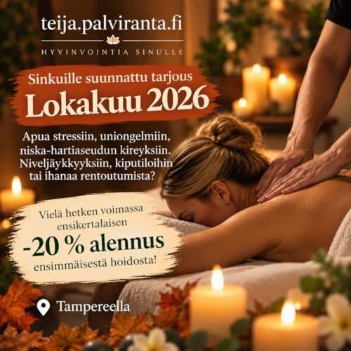 teijapalviranta.fi lokakuun 2026 tarjous sinkuille: hierontaa, shiatsu, vyöhyketerapia, hyvinvointipalvelut, Tampere