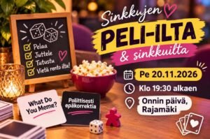 Peli-ilta & sinkkuilta Rajamäellä pe 20.11.2026! 🎲 Kenen huumorintaju kestää ja kuka vie pelivoiton? Luvassa pelejä, naurua ja uusia tuttavuuksia. Tule pelaamaan tai ihan vain juttelemaan muiden sinkkujen kanssa. Ilmainen, ei ilmoittautumista!